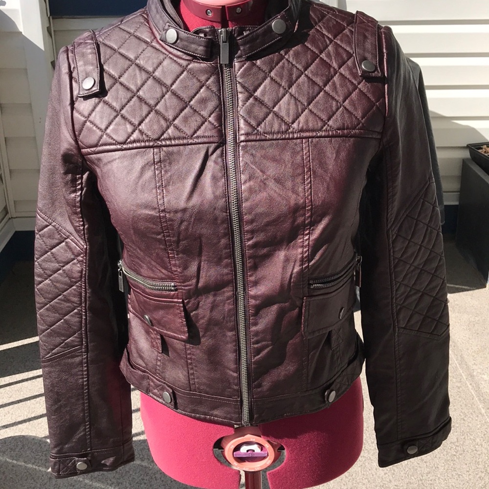 Vegan leather bomber jacket in wine burgundy